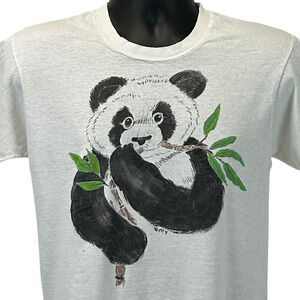 Vintage 80s Distressed Giant Panda Bear T Shirt Hand Painted White Tee S Small